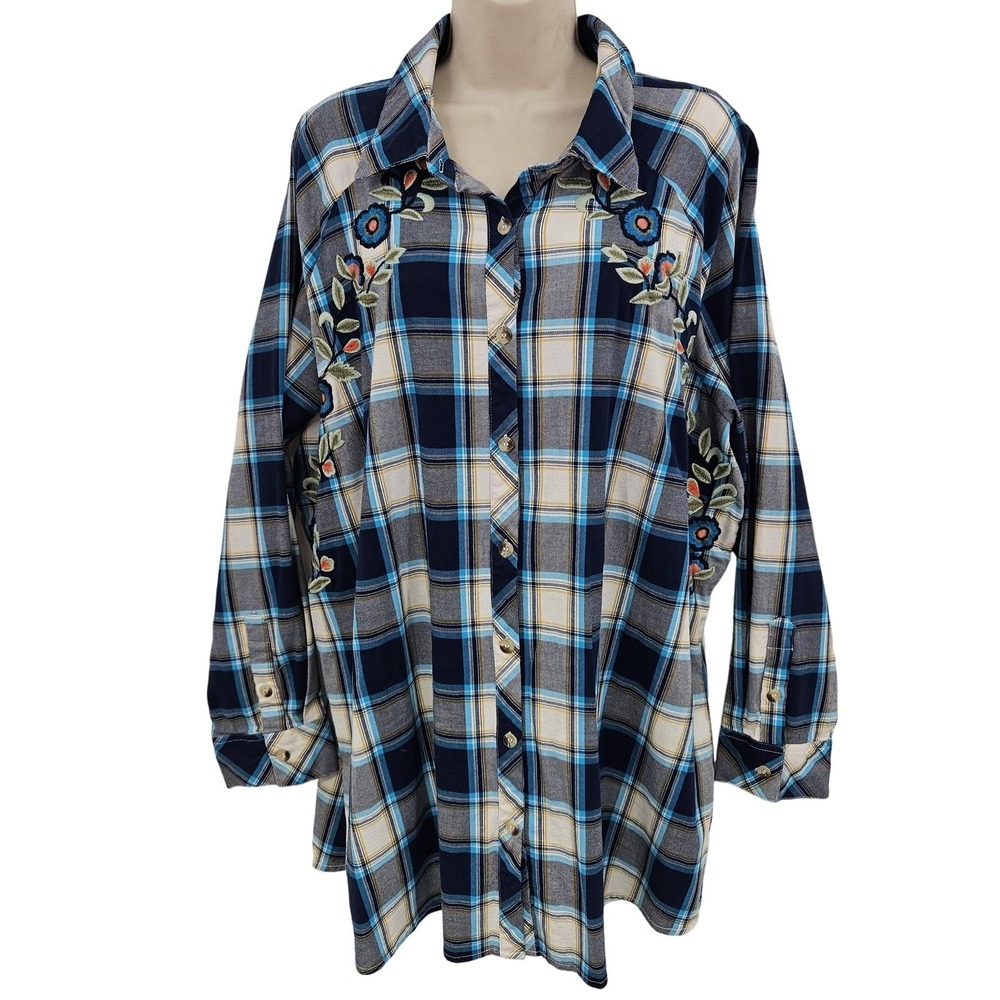 Tolani Collection Shirt Women 3X Blue Plaid Embroidered Floral‎ Button Up Top